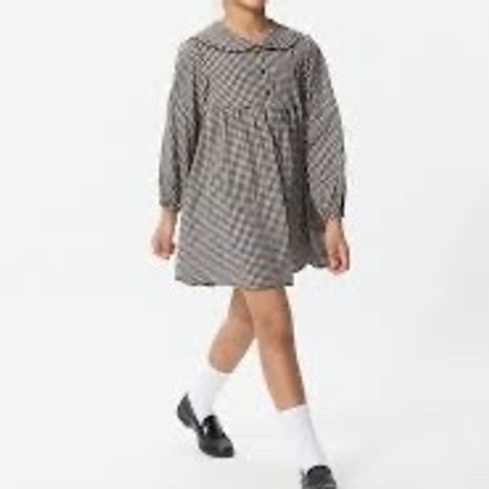Uniqlo Kids Black White Gingham Ruffle Collar Long Sleeve Dress Size 7-8 447882